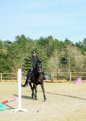 Portrait of a beautiful rider performing cross-walks with her horse