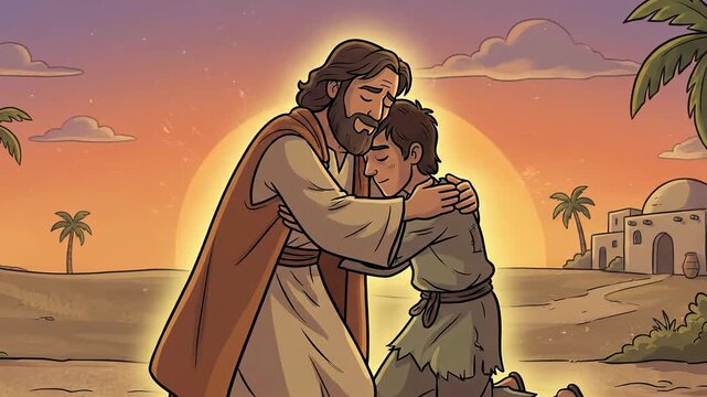 Emotional embrace between a merciful father and his repentant son at sunset in a biblical landscape with palm trees and ancient houses.