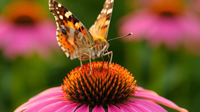 Closeup of a vibrant painted lady butterfly perched on a purple coneflower in a sunny garden showcasing natures beauty.