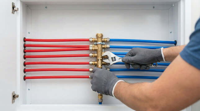 Plumber adjusting brass manifold with wrench while installing red and blue PEX pipes in white utility cabinet for heating system