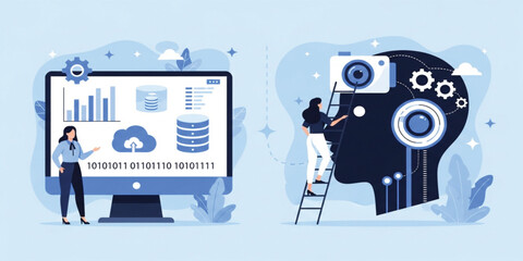 Artificial Intelligence and Big Data Analytics Concept with Cloud Computing, Database and Machine Learning Technology Vector Illustration
