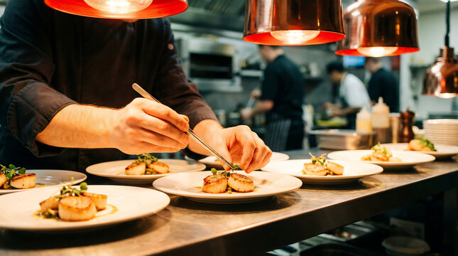 Chef plating gourmet seared scallops with precision tweezers in professional restaurant kitchen under warm heat lamps