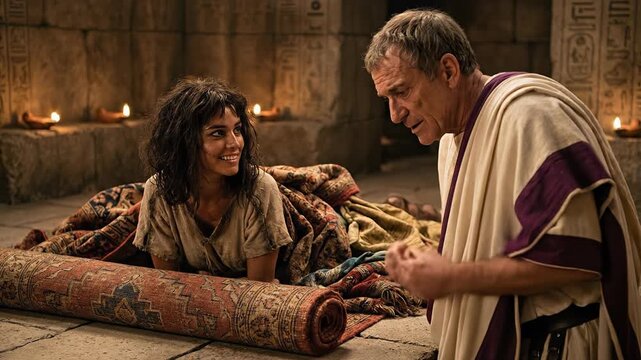 Cinematic medium shot capturing young beautiful Cleopatra emerging from a rolled oriental carpet looking up with a bold calculating smile at older surprised Roman general Julius Caesar in dim chamber