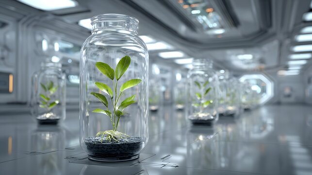 A futuristic biotech scene showing a healthy sprout inside transparent scientific containers above a wide clean negative space