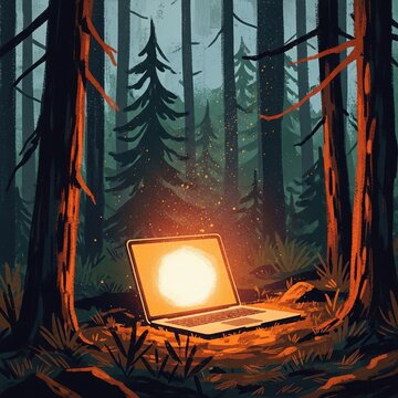 Glowing laptop illuminating dark forest with warm light mystery and technology in nature