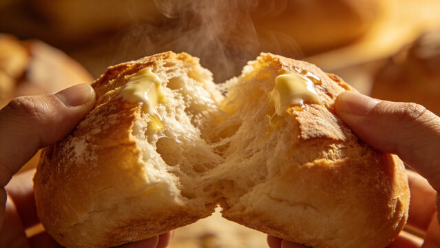 Hands breaking fresh hot bread roll with melted butter. Steaming bakery food close up