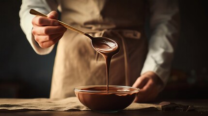 Close up of melted chocolate flowing from a spoon into a bowl on a kitchen table during food preparation.