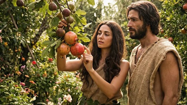 Cinematic biblical scene showing Adam and Eve standing together in the lush green Garden of Eden as Eve gently touches a ripe pomegranate hanging from a beautiful tree branch