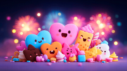 Obraz premium Festive Chocolate Heart Characters Watching a Vibrant Fireworks Display Over a Bustling City