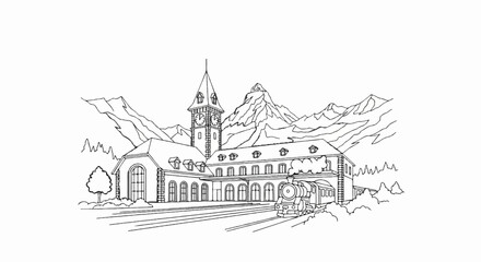 Obraz premium Old train station nestled amongst snowy peaks with steam engine