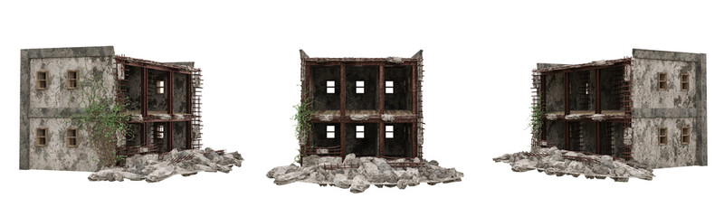 Post apocalyptic ruined buildings. Set of 3 isolated 3D rendered illstrations.