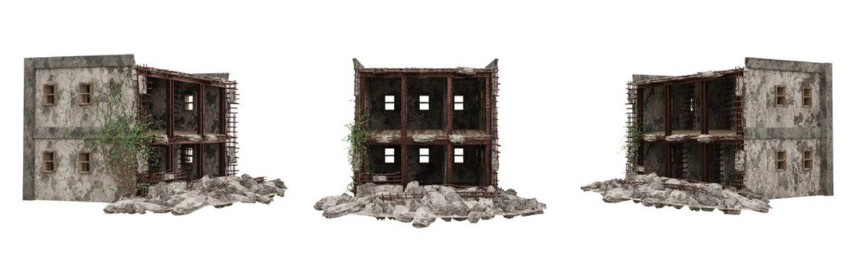 Post apocalyptic ruined buildings. Set of 3 isolated 3D rendered illstrations.