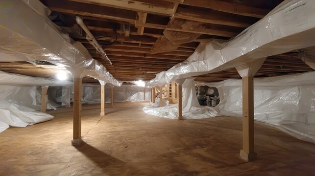 Encapsulated crawl space with vapor barrier, wooden supports, and exposed joists