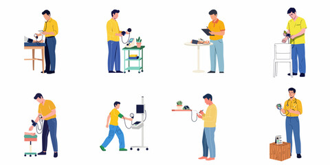 Fototapeta premium Men monitoring blood pressure: a collection of illustrations showing health checks, medical devices, and self-care in different settings.