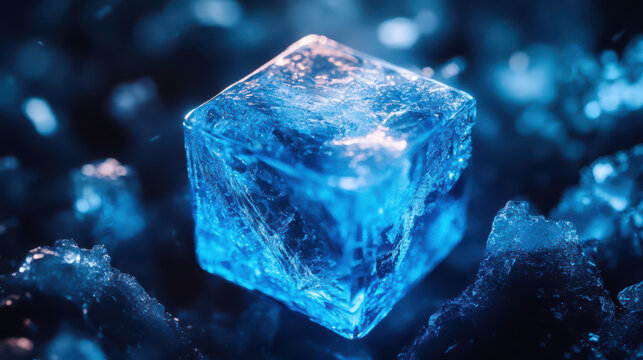 Frozen Cube: A Glowing Blue Ice Cube in a Dark, Ice-Covered Landscape