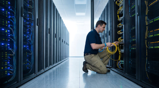 Data center technician managing fiber optic cables in server room corridor with illuminated network racks and cable management systems