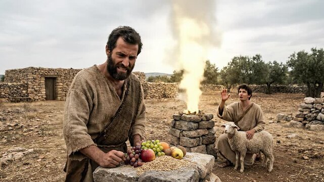 Cinematic biblical scene of brothers Cain and Abel presenting their offerings of fresh fruit and a lamb on stone altars to god in a dramatic rocky agricultural nature landscape