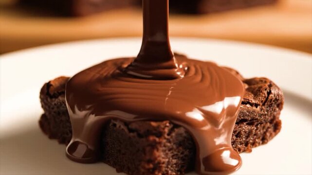 Chocolate sauce being poured over a warm brownie on a white plate close-up
