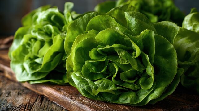 Fresh heads of organic green butterhead lettuce on a rustic dark wooden surface