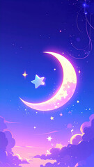 Naklejka premium Dreamy Night Sky Wallpaper with Glowing Crescent Moon, Chibi Stars, and Soft Purple Clouds