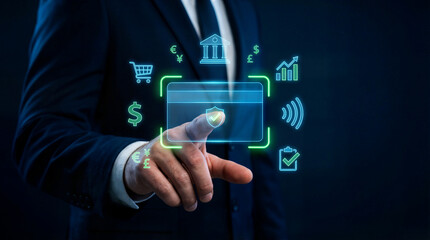 Secure online payment concept showing a businessman authenticating a digital credit card transaction, highlighting fintech innovation, financial security, encryption, and global ecommerce trends