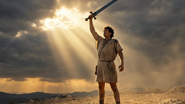 Cinematic biblical scene of young David holding a heavy metal sword triumphantly toward the sky with bright sunbeams breaking through dramatic dark stormy clouds in rocky desert landscape stone settin