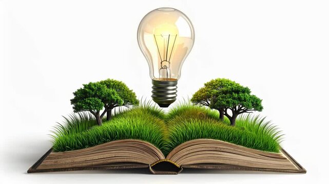 Conceptual image of an open book with green grass small trees and an illuminated light bulb representing ideas innovation and learning