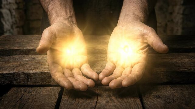 Cinematic biblical close up showing the rugged open hands of the resurrected jesus christ resting on a rustic wooden table with bright glowing divine light emanating from holy stigmata wounds