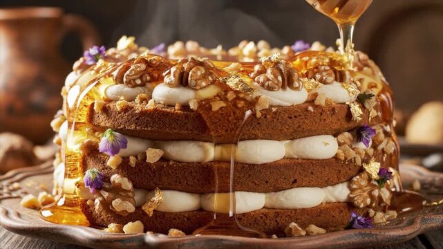 A sweet honey being poured over a layered cake with nuts and flowers on a decorative plate
