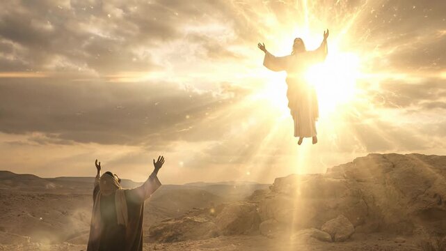 Conceptual vision of divine victory showing resurrected jesus christ ascending toward a bright heavenly light in the clouds while his amazed followers watch from a biblical hillside setting