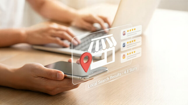 Local search marketing concept with customer review rating, store location icon, Digital marketer management on local SEO using laptop and tablet to boost small business