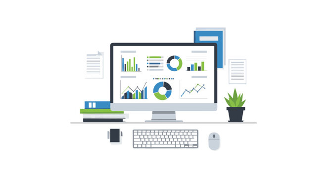 A tidy office desk setup showcases a monitor displaying data dashboards, complemented by a keyboard, mouse, books, documents, and a small plant.