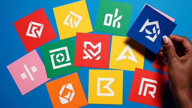 Colorful graphic logo collection concept with hand placing design square against blue background for creative project development and branding