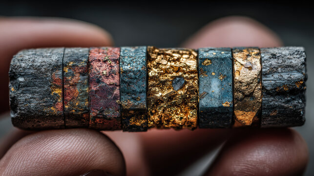 Geologist examining core sample streaked with gold, mining, evaluation of precious metal worth