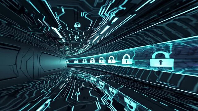 Futuristic digital tunnel with glowing blue circuit patterns and lock icons moving along the illuminated path, showcasing a continuous flow of technology and security elements