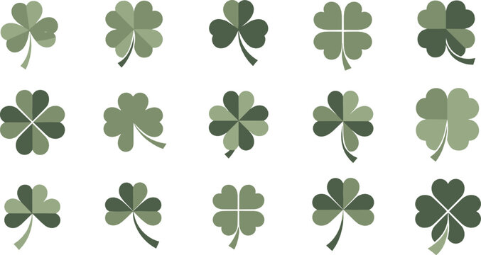Four leaf clover icon set flat vector collection of green shamrock lucky symbols isolated on light background