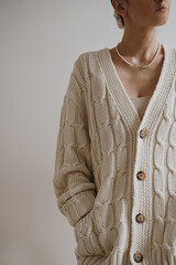 Cozy Neutral Fashion Portrait With Oversized Knit Cardigan And Soft Natural Light