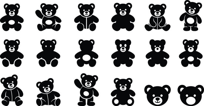Black teddy bear vector set collection group with cute toy silhouette and outline icons, baby nursery plush mascot symbol isolated on transparent background, editable minimalist design