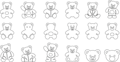 Obraz premium Black teddy bear vector set collection group with cute toy silhouette and outline icons, baby nursery plush mascot symbol isolated on transparent background, editable minimalist design