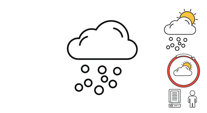 Simple weather icon of a cloud with falling hail or snow pellets shown in a minimalist line art style on a white background.