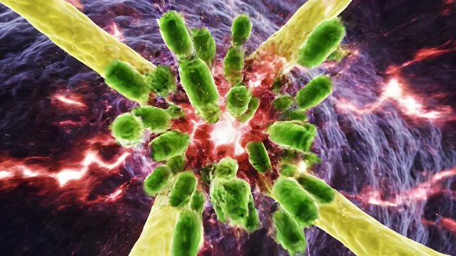 Microscopic view of a virus attacking a neuron synapse with electrical impulses and cellular structures in a dark abstract background