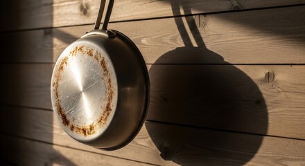Rustic metal pan hanging on wooden wall with dramatic lighting