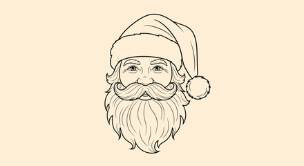 Obraz premium Detailed line art drawing of a friendly Santa Claus face with a thick beard and traditional red holiday hat.