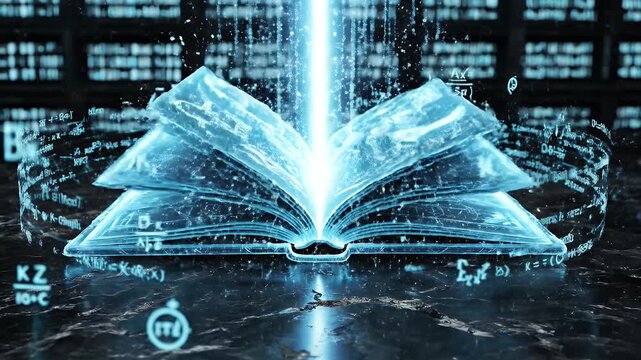 A glowing, ethereal book with keyhole and key amidst mathematical formulas, digital art