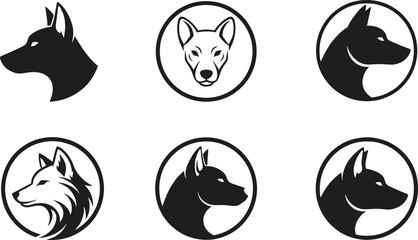 Black silhouette collection of dog and wolf head icons in circular frames, isolated canine mascot vector illustrations for logo branding and animal themed design. © IconicCreations