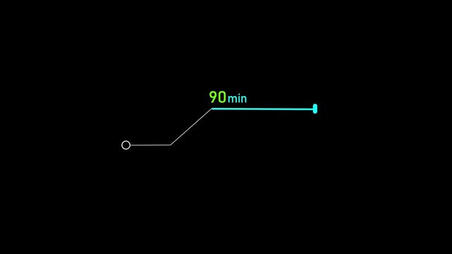 90 Min clock icon animation. 90 minute line animation on black background and creating a stunning 4k video.