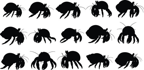 Black silhouette collection of hermit crabs in various poses and angles, isolated crustacean vector icons for marine life design, tropical beach wildlife illustrations. © IconicCreations