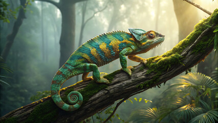 Naklejka premium Vibrant Exotic Chameleon on Mossy Branch in Tropical Green Forest