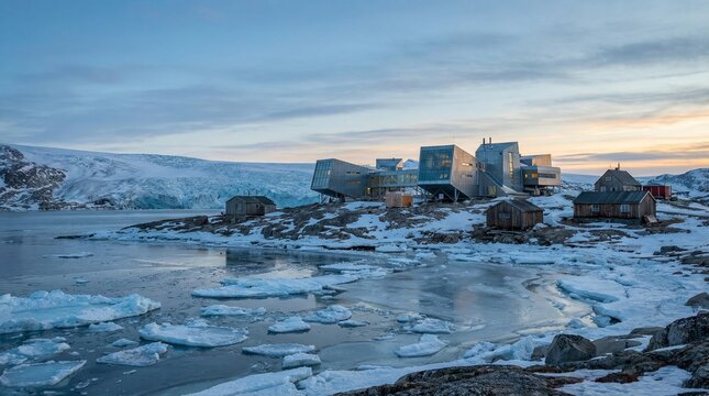 Gora arctowski research station on king george island framed by glaciers and sea ice, a remote antarctic scientific base highlighting polar exploration, climate change and pristine wilderness
