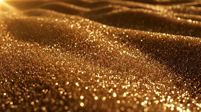 Golden field of glittering particles with depth of field creating wavy forms